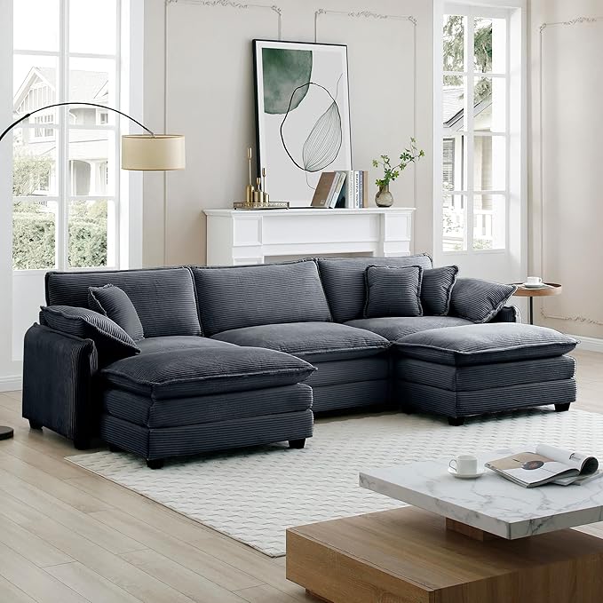 KEIKI 115" U-Shaped Oversized Corduroy Modular Sectional Sofa with 2 Ottoman, High-Density Foam Cushions, Removable Armrests, Upholstered 3-Seater Corner Couch with 5 Pillow, for Living Room, Grey