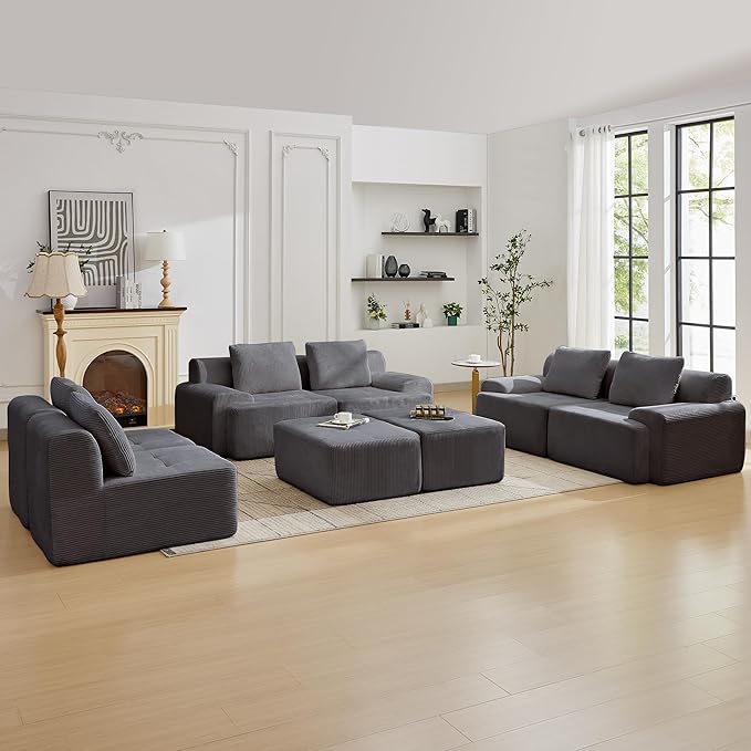 Modular Sectional Sofa with Movable Ottoman, 6 Seat Deep Seat Couch with 6 Pillows, Comfy Cloud Sectional Sofa for Living Room, Bedroom and Apartment (Grey, 2 Left+2 Right+2 Middle+2 Ottoman)