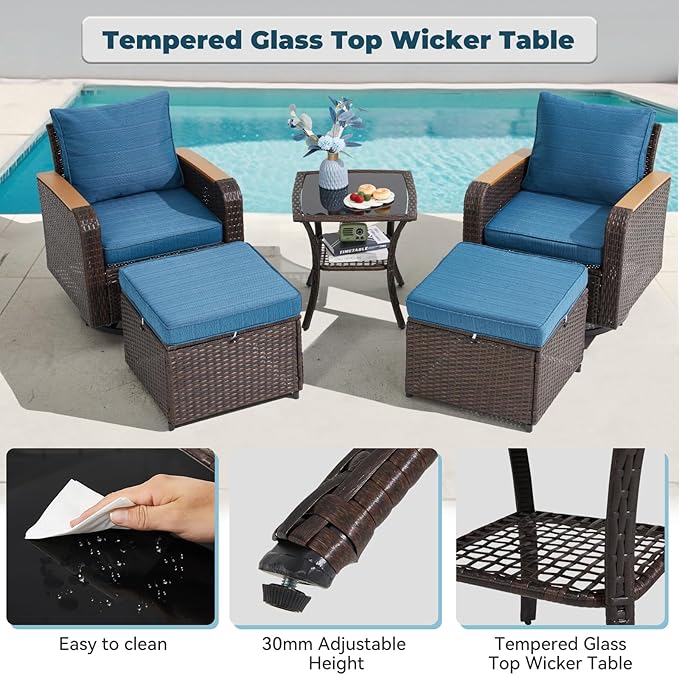 5 Piece Outdoor Patio Furniture Set, Wicker Swivel Rocking Chairs with Ottoman for Garden, Porch, Backyard