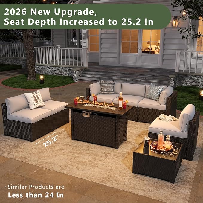 Aoxun 8 Piece Patio Furniture Set with 44” Fire Pit Table, Wicker Rattan Patio Sectional Sofa, Outdoor Furniture Set with Thickened Cushion, Light Gray