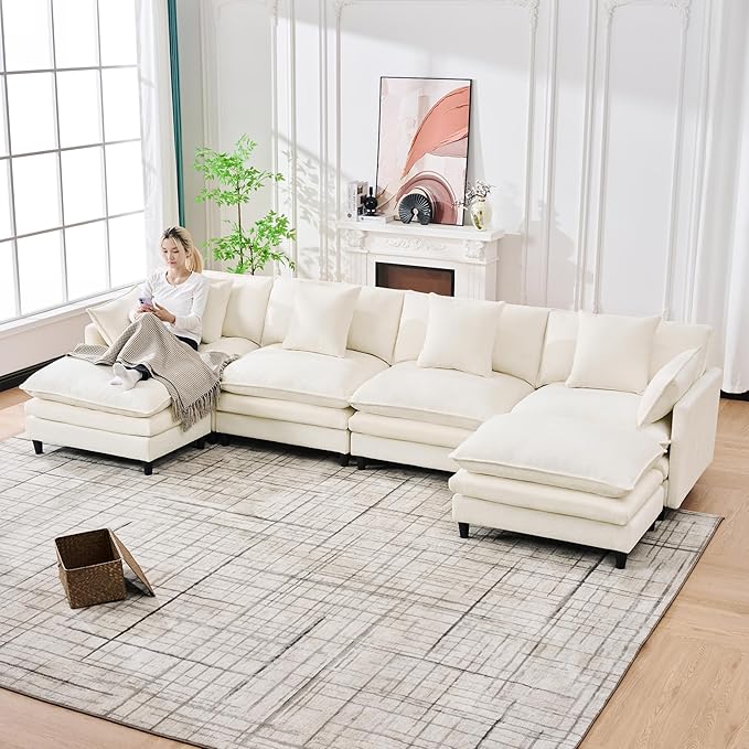 Eafurn 141" Oversized Modular Sectional Sofa with Movable Ottoman, 6 Seater Modern Chenille Reversible Sofa Set, Large Convertible U Shaped Couch for Living Room Apartment