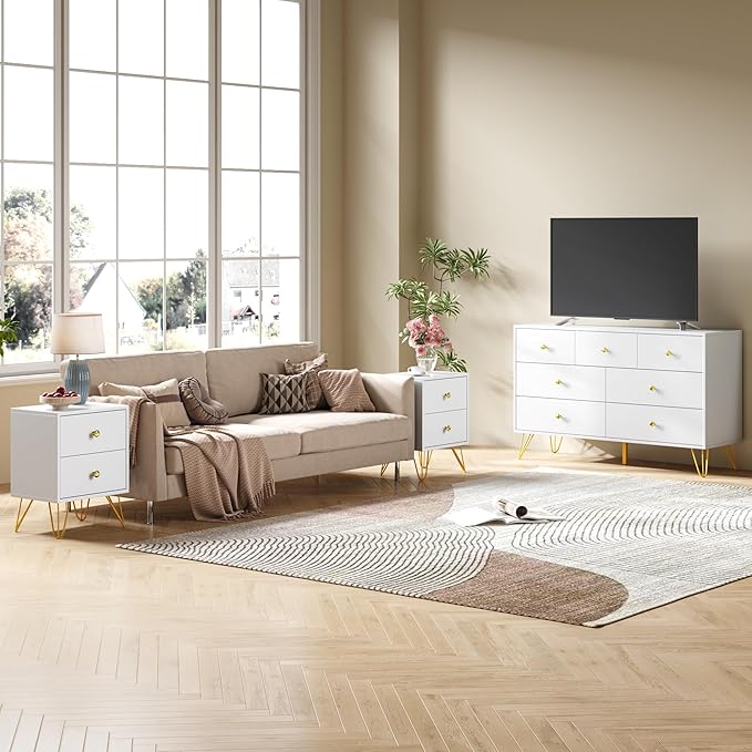 White Dresser and Nightstand Sets for Bedroom,3 Pcs Bedroom Set with Metal Legs, 7 Drawer Dresser & Night Stand Set of 2 with Gold Handles,Bedroom Furniture Sets,Modern Dresser Sets