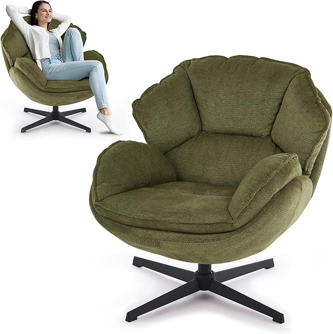 IWMH Swivel Accent Chair for Living Room, Upholstered Armchair with Metal Legs, Lounge Sofa Chair, Comfy Leisure Chairs for Bedroom Reading (Green)