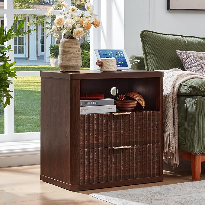 LEYAOYAO 23" Wide Fluted Farmhouse Night Stand Set of 2 with Charging Station, 2 Drawers Large End Table w/Metal Handle, Walnut Nightstand Bedside Table,Wood Dresser for Bedroom, Closet - Image 2