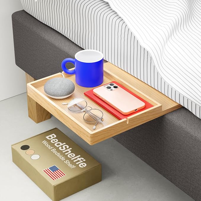 BedShelfie Bedside Shelf for Bunk Bed & Top Bunk, College Dorm Room & Loft Nightstand, Floating Bed Side Table Tray Storage - Natural Wood Slide by BedShelfie