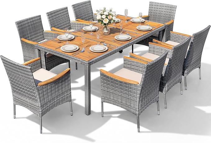Devoko Outdoor Patio Dining Sets 9 Pieces Wicker Outdoor Dining Table and Chairs Set with Acacia Wood Table Top and Widened Armrests for Backyard, Garden, Deck (Grey) by DEVOKO