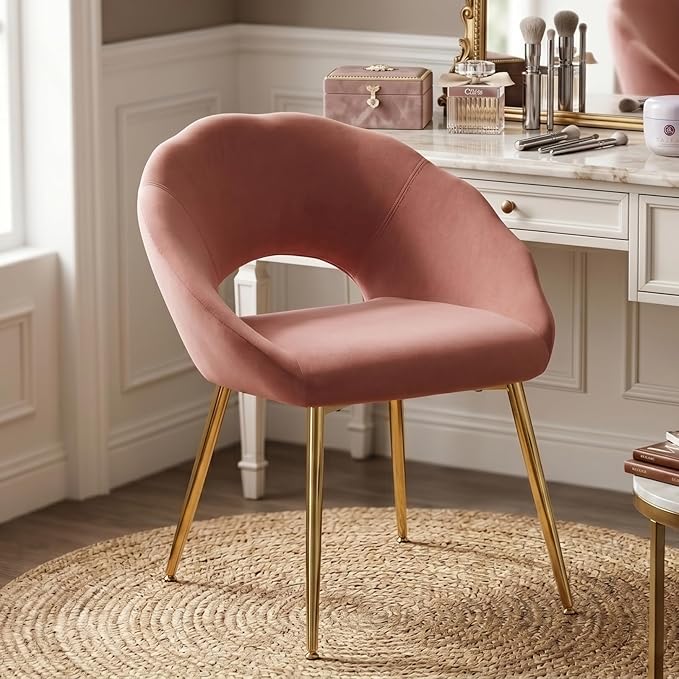 Modern Vanity Chair, Living Room Chair with Gold Metal Legs,Velvet Dining Chair, Comfy Accent Chair for Makeup Room, Waiting Room, Dressing Room, Bedroom, Dining Room, Home Office (2, Pink)