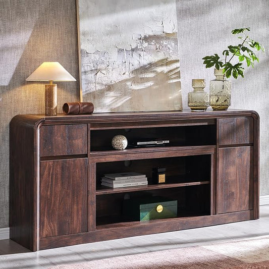 Modern TV Stand for 80 Inch TVs, 32"Tall Entertainment Center w/Storage Cabinet& drawers, Media Console Cabinet w/Soundbar & Adjustable Shelves for Living Room, Curved Profile Design, 70 inch (Brown) by AITJUNZ