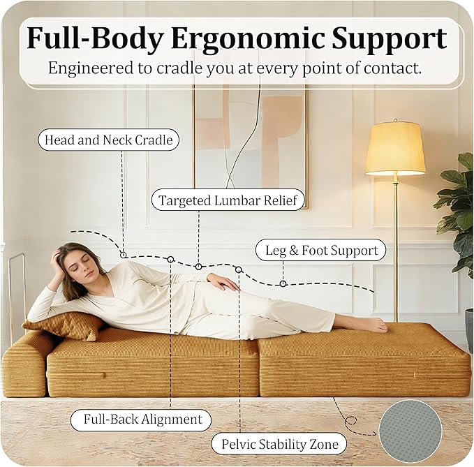 31.5'' Convertible Compressed Corduroy Folding Cloud Sofa Bed Set of 2, 2 Pieces Modern Boneless Pull Out Sleeper Sofa Couch, 3 in 1 Portable Lazy Floor Lounge Chair Set, No Assembly Needed, Yellow