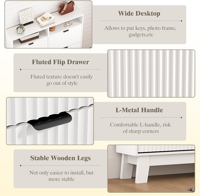 Shoe Cabinet Storage for Entryway with 4 Flip Drawers, Fluted Narrow Shoe Organizer with Wooden Legs & Top Cubby, Freestanding Slim Shoe Storage Hidden Shoe Rack for Front Door Entrance, White - Image 5