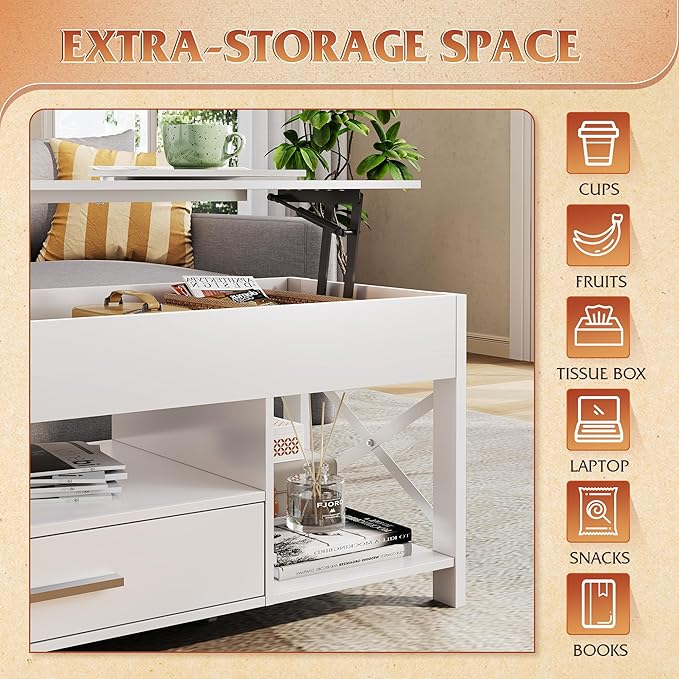 WLIVE Coffee Table, 39" Lift Top Coffee Table with Hidden Compartment, Storage Drawers and Storage Shelf for Living Room, Reception Room, White