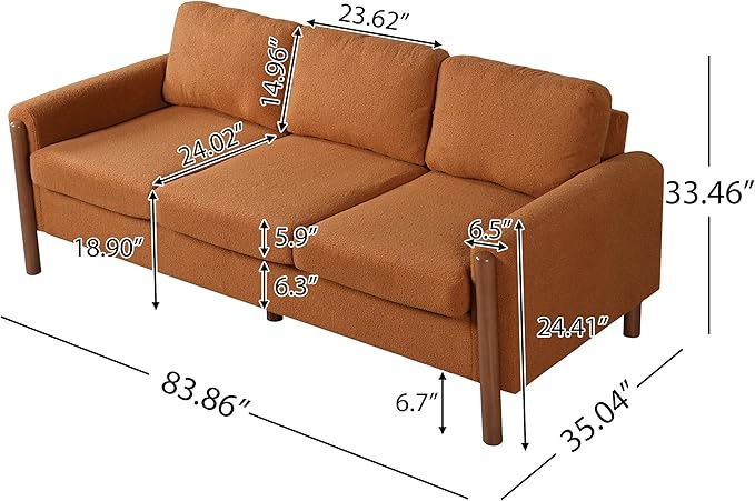 Christopher Knight Home Yadil Teddy Fleece Upholstered 3 Seater Sofa Couch, Wooden Home Sofa Living Room, Comfy Cloud Couch for Bedroom, Home Office, Orange