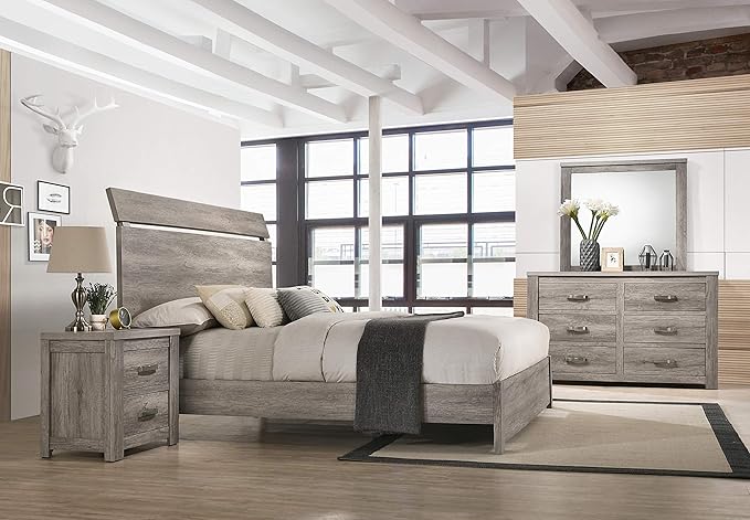 Roundhill Furniture Floren Contemporary Weathered Gray Wood Bedroom Set, King Panel Bed, Dresser, Mirror, Two Nightstands