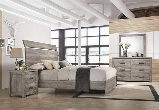 Floren Contemporary Weathered Gray Wood Bedroom Set, King Panel Bed, Dresser, Mirror, Nightstand