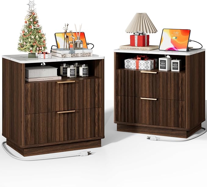 Fluted Nightstand, Night Stand Set 2, 23" Wide Walnut Nightstands Set of 2 with Charging Station & Faux Marble Top, 2 Drawer Large Wooden End Table, Bedside Table for Bedroom,Curved Corners by FavourLife