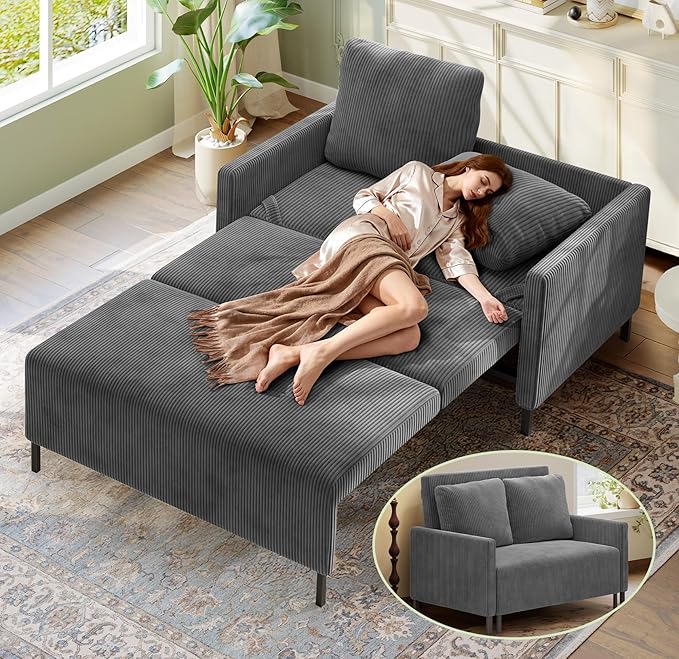 47.2" Convertible Sofa Bed Couch, Comfy Corduroy Couch Bed, All in 1 Loveseat Sleeper Sofa, Love Seat Sleeper Bed with 2 Pillows, Modern Couches for Living Room/Apartment/Home/Office, Grey