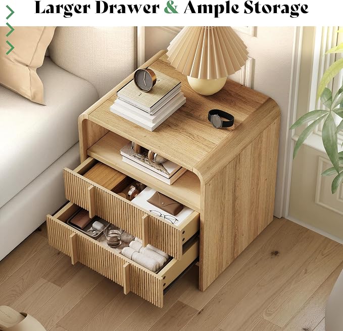 AMERLIFE Fluted Night Stand Set 2 with Storage Drawers, Modern Small Nightstand & Bedside Table with Open Shelf, Curved Profile Design & Pine Handles, Wood End Table for Bedroom, Oak - Image 3