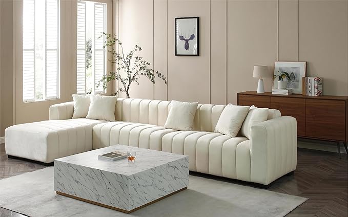 KEIKI 139" L-Shape Velvet Modular Sectional Sofa with Left Chaise Lounge, Modern Style Upholstered Oversized Reversible 3-Seater Channel Tufted Couch, Easy Assembly, for Apartment, Living Room, Beige