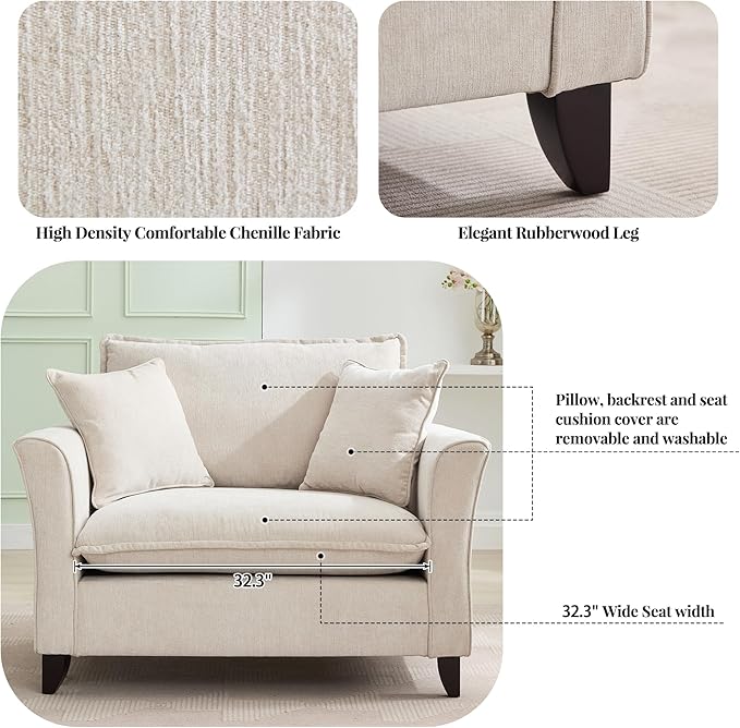 46.3 Inch Oversized Armchair Chenille Fabric Chair and a Half Single Sofa with Pillow Removable Washable Covers Rubberwood Legs Ruffled Armrests for Living Room Bedroom Office Apartment, Cream