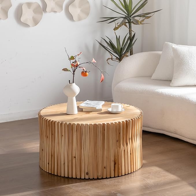 Round Wood Coffee Table, Drum Center Table with Fluted Pattern, 31.5 Inch Farmhouse Circle Coffee Table for Living Room, Office, Outdoor, Natural