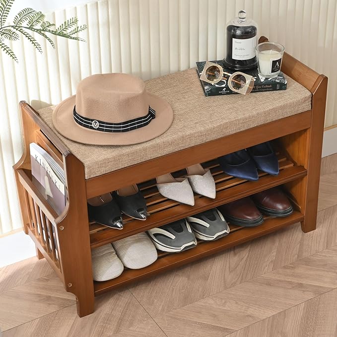PETKABOO 2 Tier Shoe Bench, Bamboo Shoe Rack Bench, Shoe Storage Bench Organizer for Entryway Hallway Living Room - Image 4