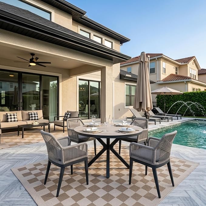 PURPLE LEAF 5 Pieces Patio Round Dining Set Aluminum Oversize Round Table and Rattan Arm Chairs with Cushions for Kitchen Porch Garden Modern Outdoor Furniture Sets, Beige and Dark Grey by PURPLELEAF