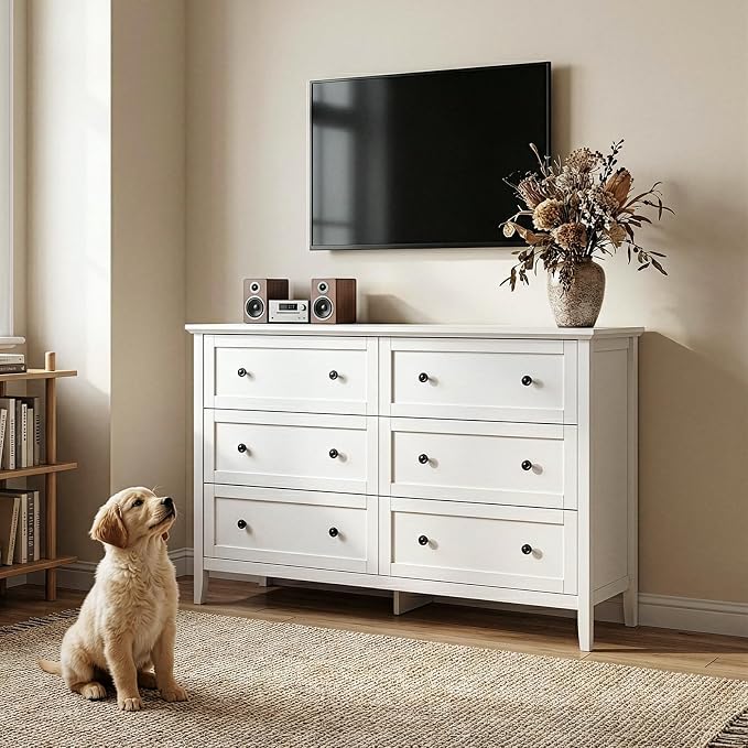 Karl home 6 Drawers Dresser for Bedroom, White Wood Dresser with Double Handle, Farmhouse Tall Chest of Drawers, Storage Organizer for Living Room, Closet, Hallway - Image 9