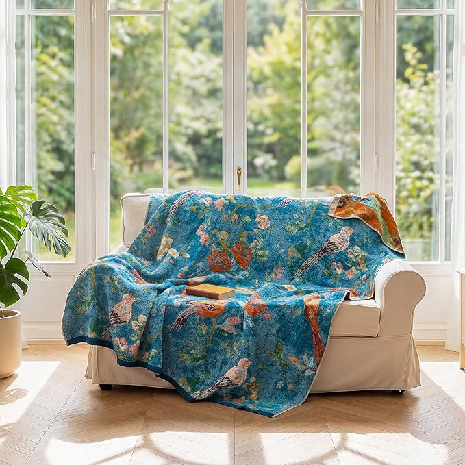 LUTBM Boho Throw Blanket for Bed Cotton Spring Blankets for Bedroom Living Room Twin All Season Lightweight Floral Birds Embroidery Quilt for Couch Sofa Chair 60"x80"