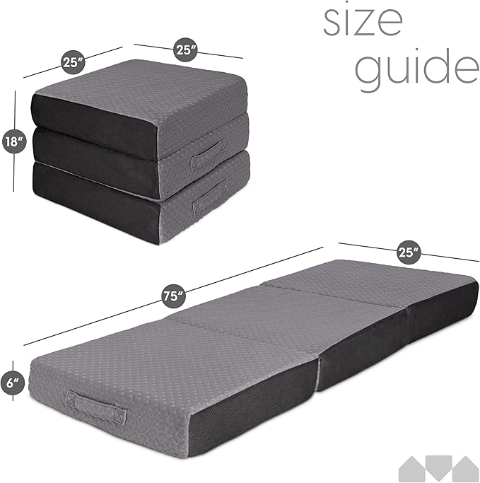 Milliard Trifold Mattress, Single Size, 6 inch, Portable Foldable Mattress with Memory Foam & Washable Cover, Tri-Folding Floor Bed, Camping, Fold Up Guest Bed, RV Travel, Sleepovers, 75" x 25"