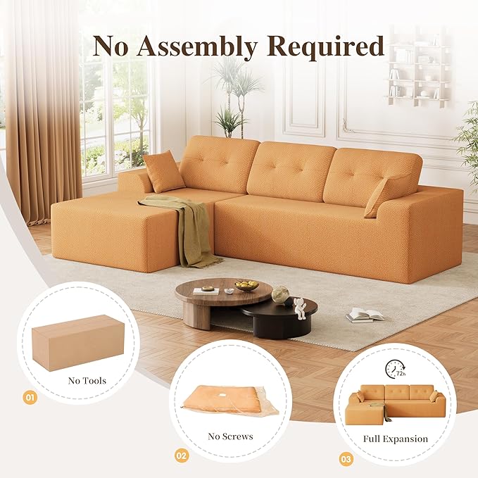 Ball & Cast 106" Cloud Sectional Couch, Compressed L-Shaped Sofa with Deep Seat Chaise, Boneless No Assembly Modular Couch, Foam & Spring Support, 2 Boxes (Right Facing, Chenille Orange)