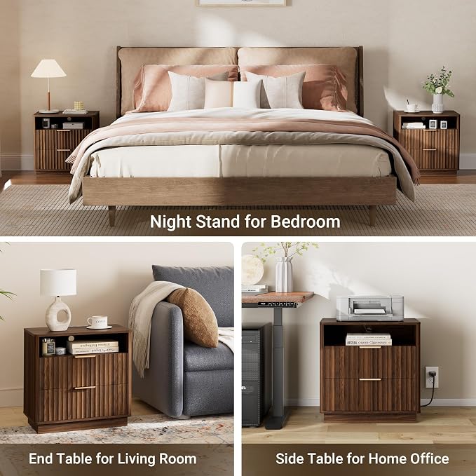 Fluted Nightstand, 23" Wide Night Stand, Walnut Nightstand with Charging Station, 2 Drawer Wooden End Table w/Storage, Large Modern Bedside Table for Bedroom Sofa Home Office,Curved Corners - Image 6