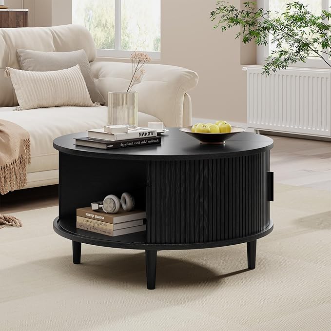 Round Coffee Table with Storage, Mid Century Modern Coffee Table, Fluted Dining Table with Sliding Door, Circle Coffee Table for Living Room Home Office, 31.5", Black