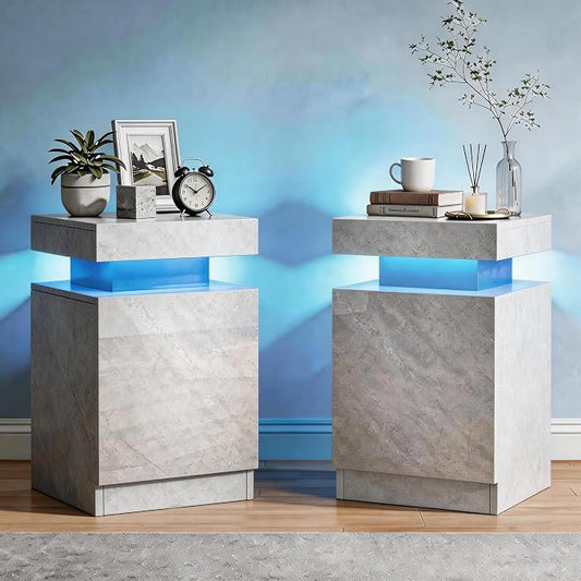 MXV Nightstands Set 2, 17 Inches LED Night Stand Set of 2, Modern Bedside Table, High Gloss Surface, End Table with Storage for Bedroom, Grey by Unknown