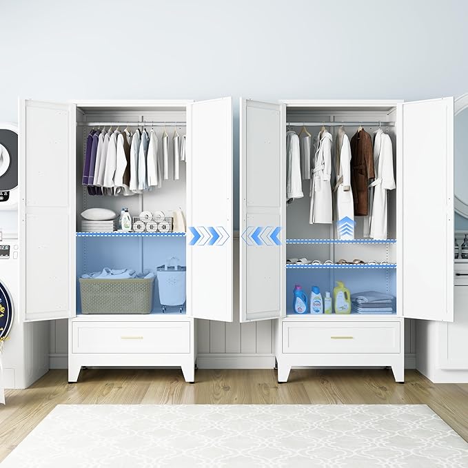 Metal Armoire Wardrobe Closet with 1 Drawer, 71" Wardrobe Cabinet with 1 Adjustable Shelf & 1 Hanging Rod for Bedroom, White Metal Closet Storage Cabinet with 2 Doors & Drawers