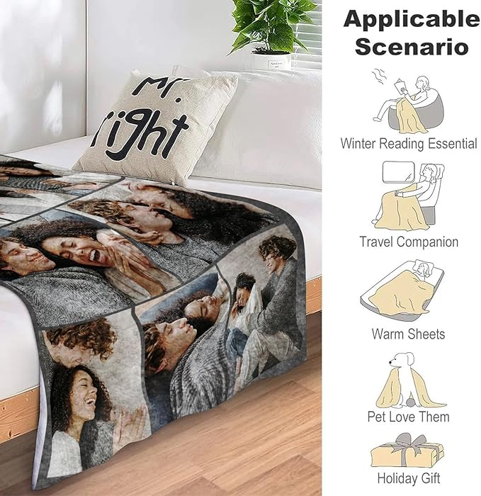 ICELIETE Custom Blanket with Picture Customized Fleece Photo Blanket for Couples Gifts Personalized Blankets and Throws Christmas Valentines Day Gifts for Boyfriend Girlfriend