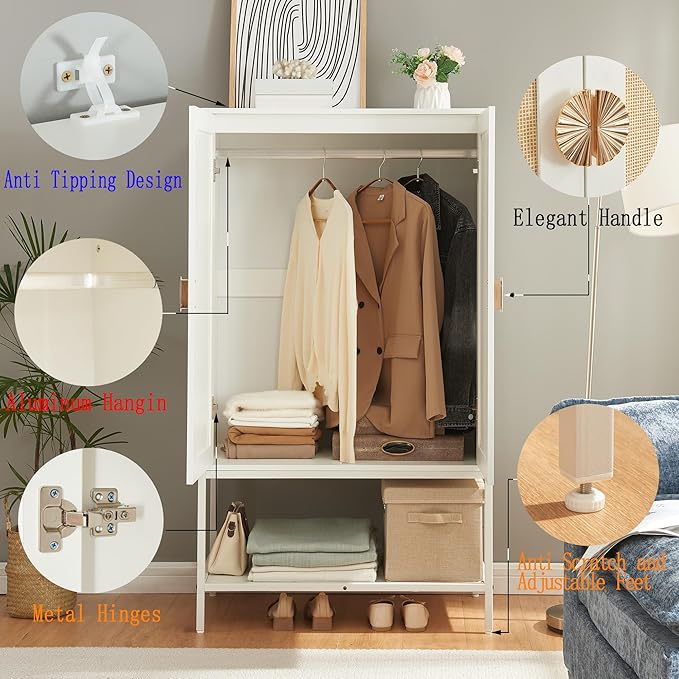 Bedroom Armoire,Wooden Rattan Armoires Metal Frame with Large Storage Space & Elegant Handle 2 Doors for Bedroom(Black)