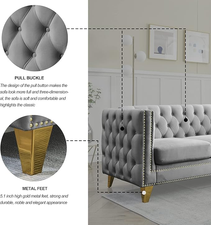 KEIKI Tufted Velvet 3 Seat Sofa Couch for Living Room, Buttons Tufted Square Arm Couch for Home Apartment, Gray