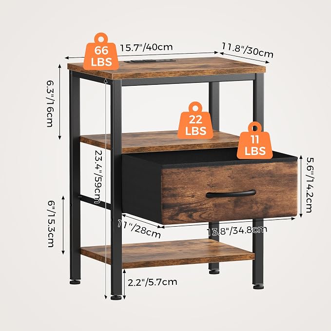 OLIXIS Nightstands Set of 2 with Charging Station, Bedside Tables with USB Ports and Fabric Drawer, Small Night Stand with Open Adjustable Shelf, Compact End Table for Bedroom, Rustic Brown - Image 3