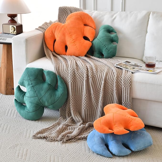 19.6 Inch Dark Green Leaf-Shaped Cotton Fill Decorative Throw Pillow for Bed Couch, Nature-Inspired Leaf Pillow