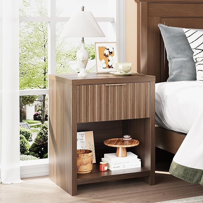 VINGLI Fluted Brown Nightstand, 20" W Mid Century Modern Nightstand for Bedroom, Bedside Table, End Tables Bedroom, Wood Side Table - Image 9
