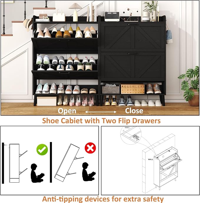 HOMEFORT Shoe Storage Cabinet for Entryway, 30" Freestanding Organizer with Two Flip Drawers, Narrow Hidden Shoe Rack with Wood Legs, Farmhouse Shoe Cabinet for Front Door Entrance,Black - Image 4