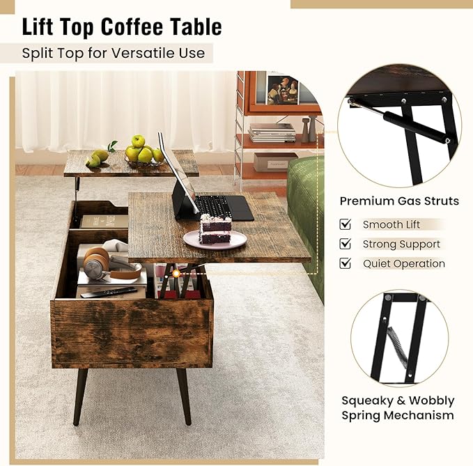 Tangkula Lift Top Coffee Table, Mid Century Modern Center Table with Split Top & 2 Hidden Compartments, Rectangle Accent Table with Tapered Metal Legs for Living Room (Rustic Brown)