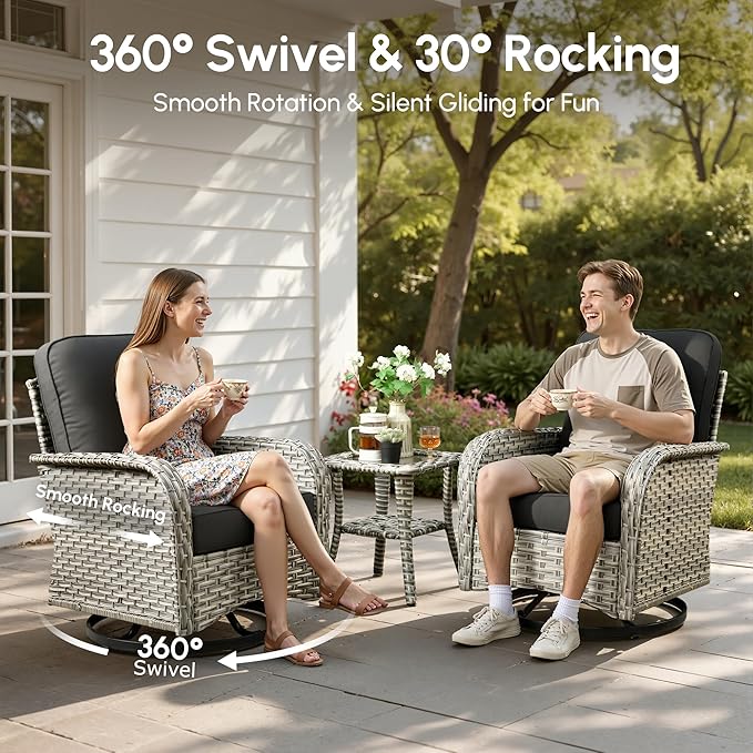Patio Furniture Set, 8 Pieces Outdoor Wicker Conversation Sets with 2 Wicker Rocking Chair & Coffee Table Outdoor Sectional Sofa for Balcony Backyard Garden Lawn (Black)