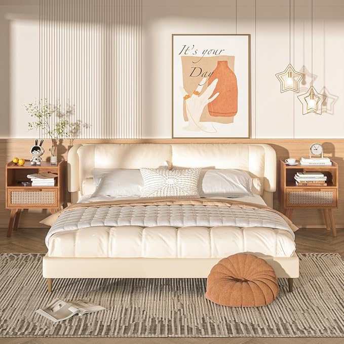 Lerliuo Rattan Nightstand, Side Table with Drawer Open Shelf, Cane Accent Bedside End Table with Solid Wood Legs, Mid Century Modern Night Stand for Bedroom, Dorm and Small Spaces (Tea Brown) - Image 6