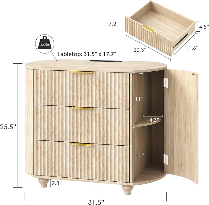 31.5" W Oval Fluted Nightstand with LED Lights & Charging Station, Modern Night Stand with 3 Sliding Drawers & 2 Side Storage, Large Bedside Table, Wood End Side Table for Bedroom (Oak) - Image 2