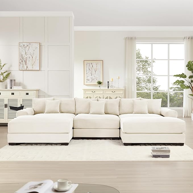 KEIKI 130" U-Shaped Oversized Corduroy Modular Cloud Sectional Sofa with 2 Ottoman, High-Density Foam Cushion, Extra-Thick Armrest, 3-Seater Fluffy Corner Couch with 9 Pillow, for Living Room, Beige