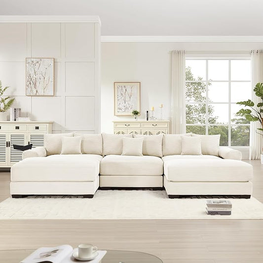 KEIKI 130" U-Shaped Oversized Corduroy Modular Cloud Sectional Sofa with 2 Ottoman, High-Density Foam Cushion, Extra-Thick Armrest, 3-Seater Fluffy Corner Couch with 9 Pillow, for Living Room, Beige