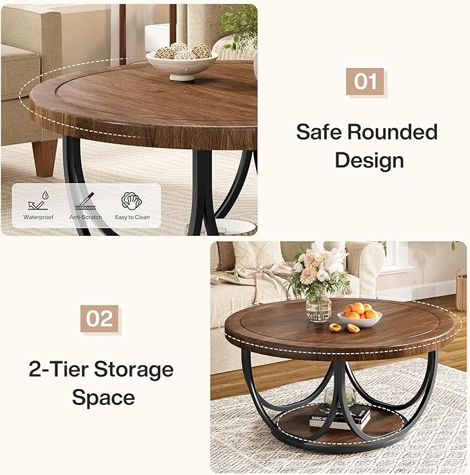Tribesigns Round Coffee Table with 2 Tiers, 31.5" Wooden Circle Accent Cocktail Table with Storage Shelf and Metal Frame, Industrial Center Tables for Living Room, Brown & Black