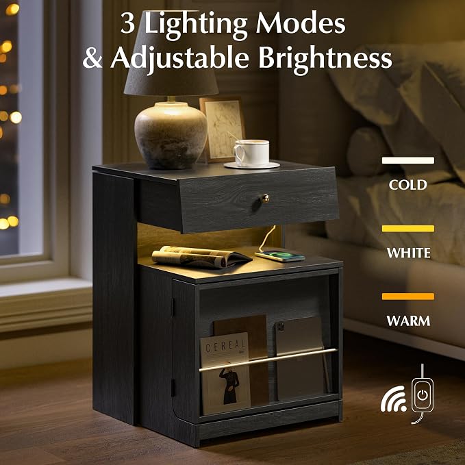 Night Stand Set of 2 with Charging Station, Modern LED Nightstand with Sliding Drawer & Storage Cabinet, Wood Bedside Table End Side Table for Bedroom Small Space, Black - Image 6