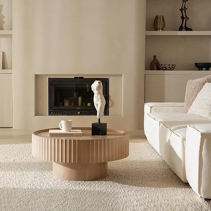 Round Coffee Table, 30.3in Modern Living Room Table, Fluted Drum Circle Tea Table with Storage, Accent Center Tables for Living Room, Apartment, Small Space(30.3''L×13.7''H)